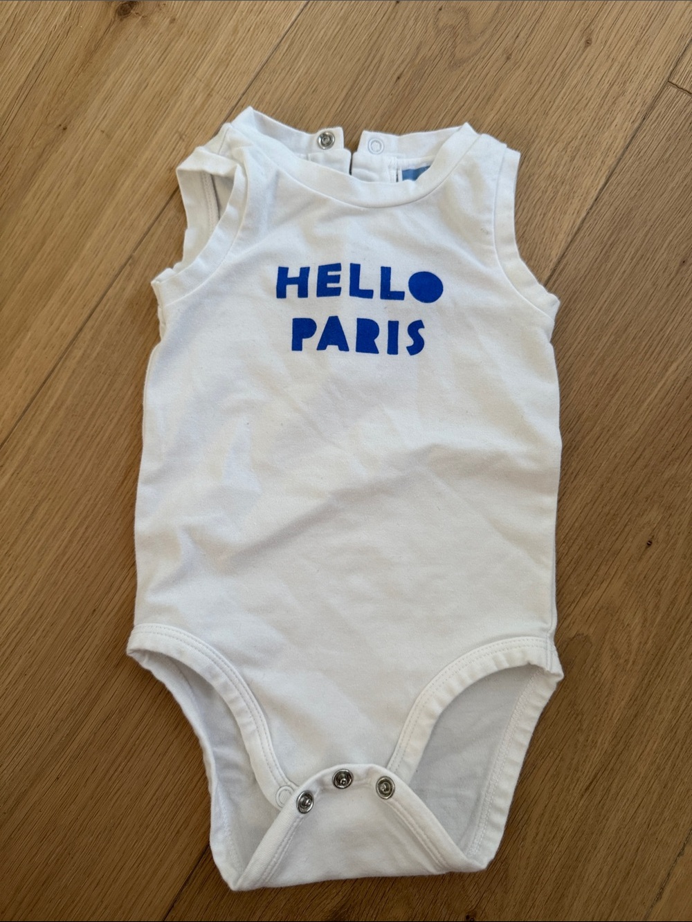 Jacadi White Sleeveless One-Piece with Blue "Hello Paris" Graphic